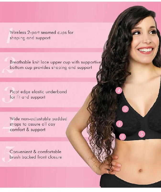 Exquisite Form Fully Front Close Wire-Free Posture Bra With Lace - Black