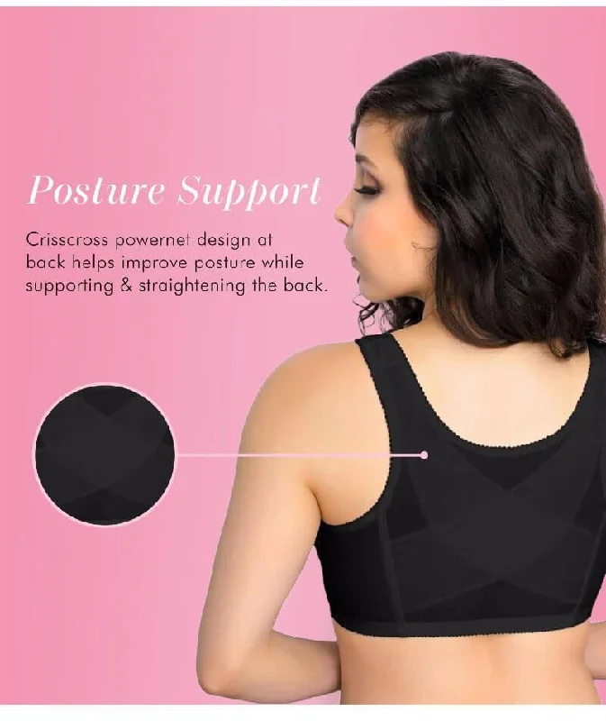 Exquisite Form Fully Front Close Wire-Free Posture Bra With Lace - Black