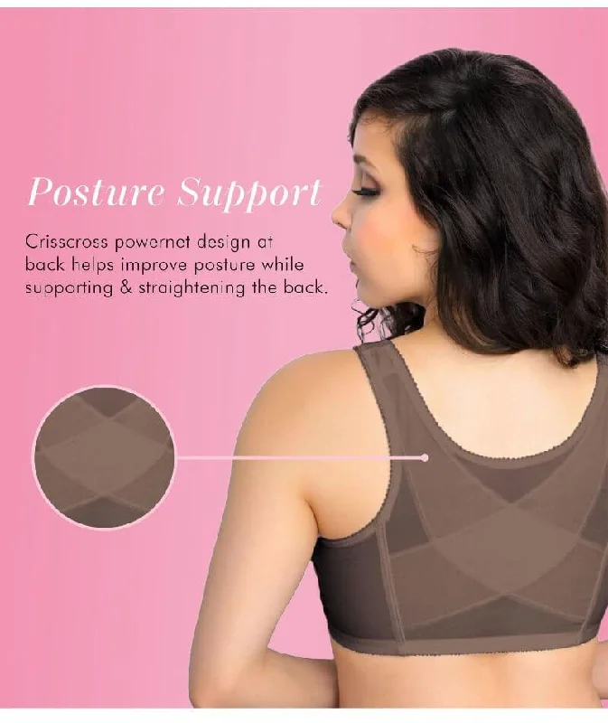 Exquisite Form Fully Front Close Wire-Free Posture Bra With Lace - Walnut