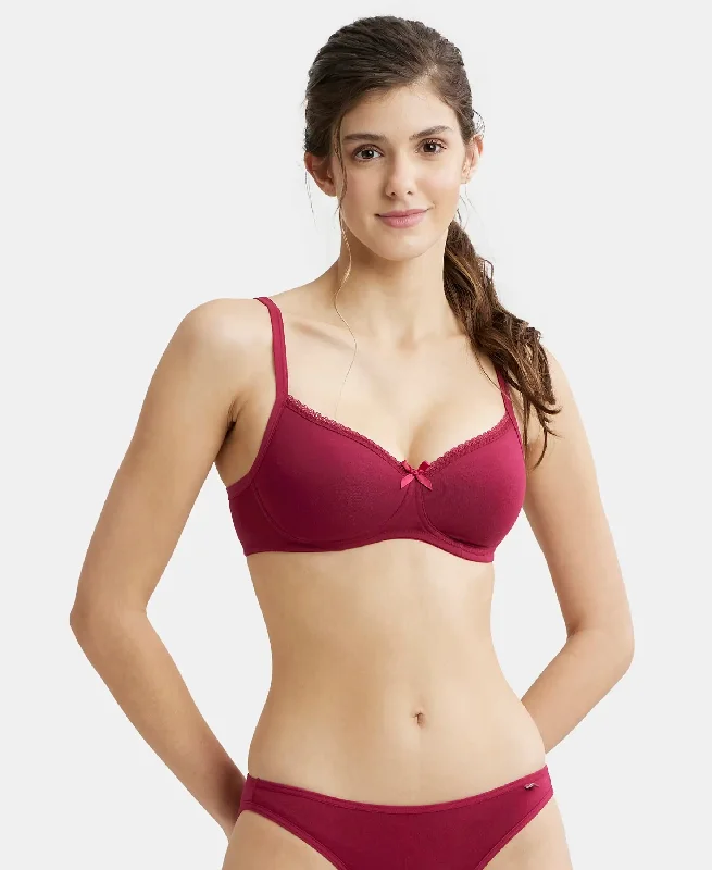 Wirefree Padded Plus Size Super Combed Cotton Elastane Stretch Medium Coverage T-Shirt Bra with Lace Styling - Beet Red