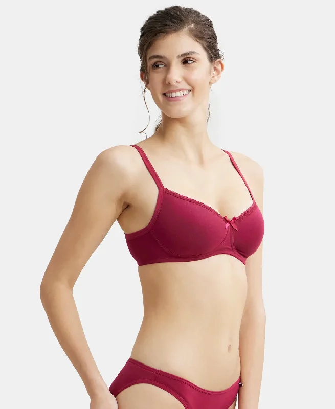 Wirefree Padded Plus Size Super Combed Cotton Elastane Stretch Medium Coverage T-Shirt Bra with Lace Styling - Beet Red
