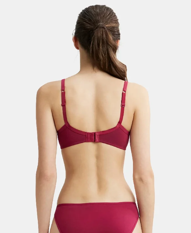 Wirefree Padded Plus Size Super Combed Cotton Elastane Stretch Medium Coverage T-Shirt Bra with Lace Styling - Beet Red